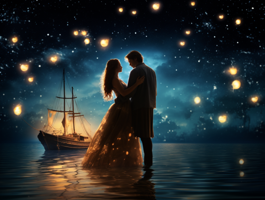 A Romantic couple at night under moon light on sea