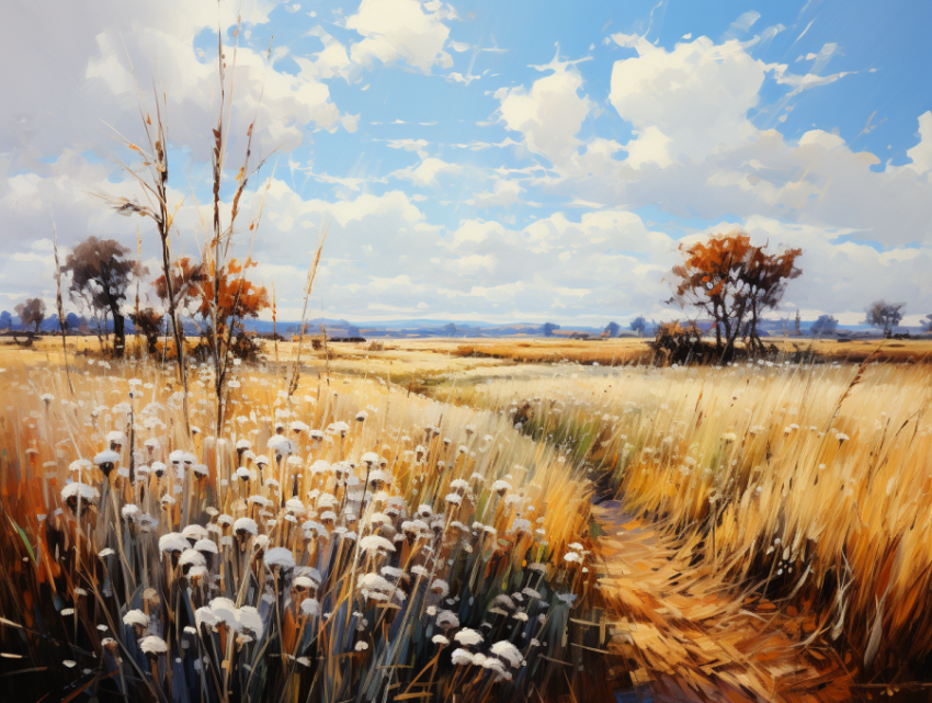 A painting of an open space with grass in the background A painting of an open space with grass in the background