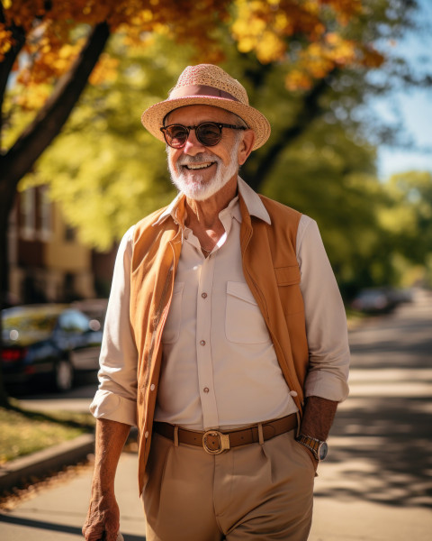 An elderly man leisurely sidewalk An elderly man leisurely sidewalk