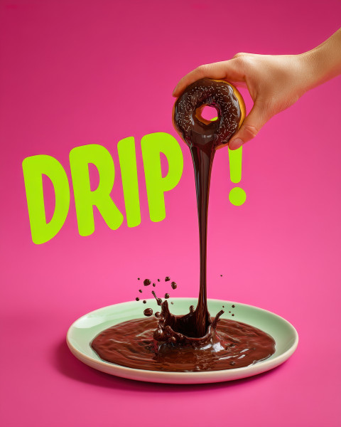 Chocolate donut dripping syrup hovers over a plate Chocolate donut dripping syrup hovers over a plate