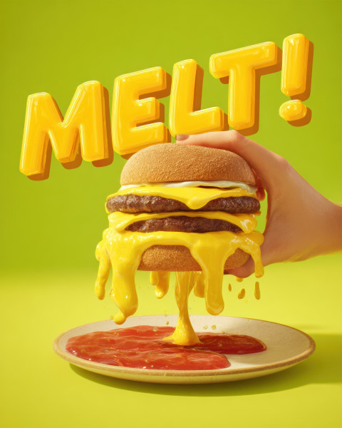 Double cheeseburger with gooey cheese pull above ketchup plate Double cheeseburger with gooey cheese pull above ketchup plate