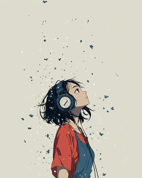 Character wearing headphones watching the starry sky surrounded by fireflies Character wearing headphones watching the starry sky surrounded by fireflies