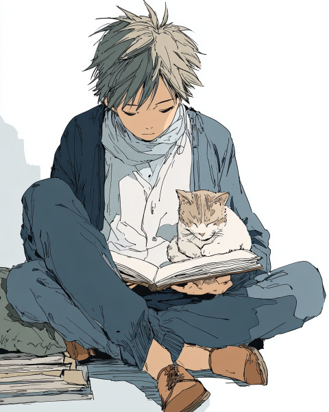 Boy reading a book with a sleeping cat on his lap Boy reading a book with a sleeping cat on his lap