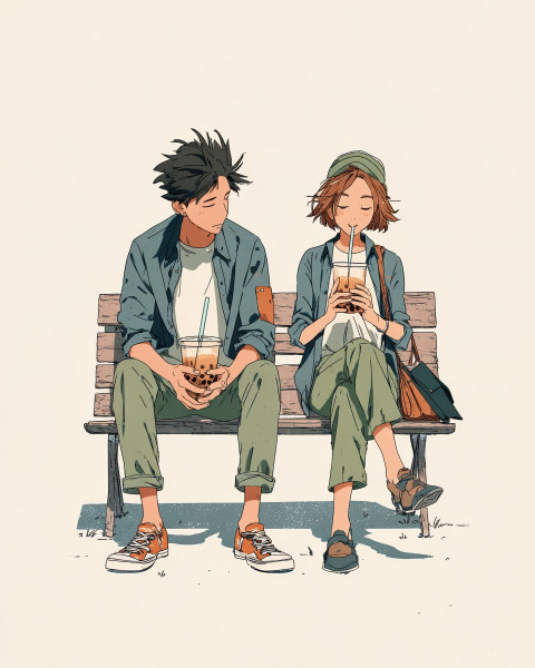 Couple sharing one boba tea on a park bench at sunset Couple sharing one boba tea on a park bench at sunset