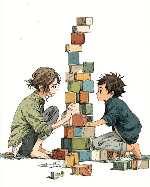 Older and younger siblings building a block tower together Older and younger siblings building a block tower together