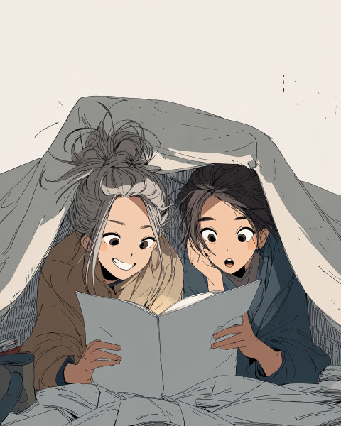 Two friends under a blanket fort giggling while reading manga by flashlight Two friends under a blanket fort giggling while reading manga by flashlight