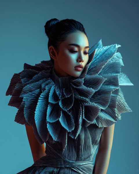 Thai model in origami-shouldered couture standing tall