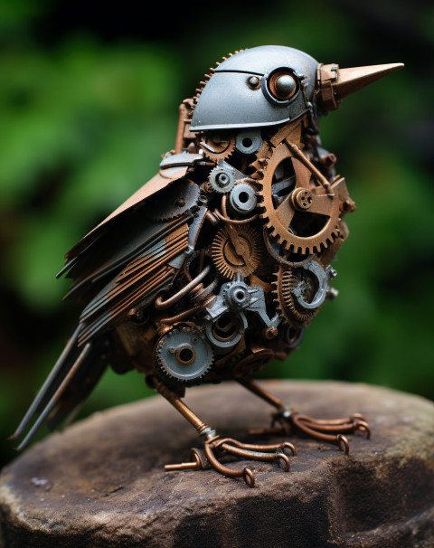 a bird made of metal on gears top of it