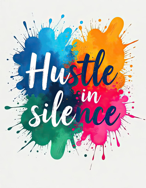 Motivational quote Hustle in silence in bold typography on an expressive splash-ink background with cobalt blue Motivational quote Hustle in silence in bold typography on an expressive splash-ink background with cobalt blue