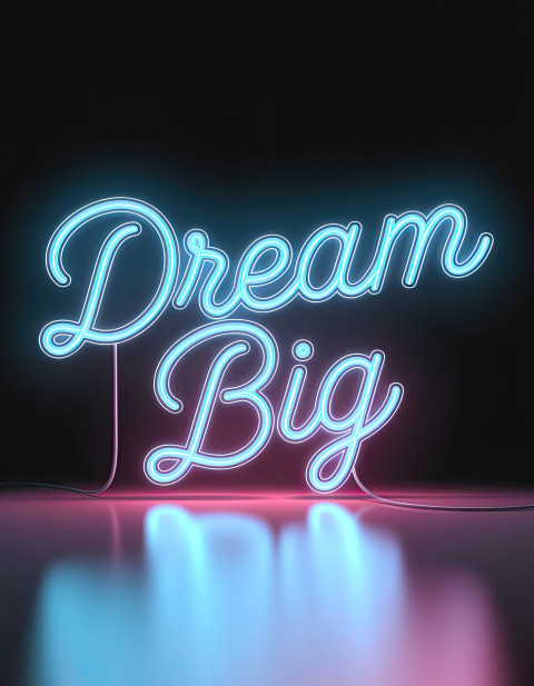 Neon glow typography "Dream Big" in electric blue neon script Neon glow typography "Dream Big" in electric blue neon script