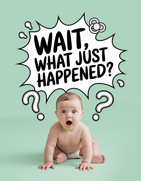 Surprised baby staring wide-eyed at floating pacifier and comic question marks on mint green background. Fresh mixed media portraits with witty text art, ideogram prompts. Surprised baby staring wide-eyed at floating pacifier and comic question marks on mint green background. Fresh mixed media portraits with witty text art, ideogram prompts.