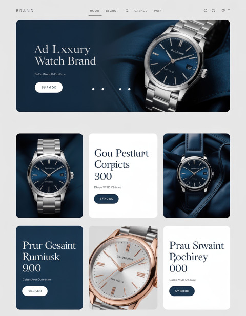 Luxury watch banner in deep blue and silver with elegant serif font Luxury watch banner in deep blue and silver with elegant serif font