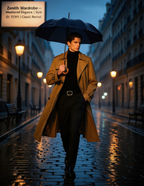 Man in camel trench coat and black turtleneck walking rainy Paris street at dusk with umbrella and glowing lamps