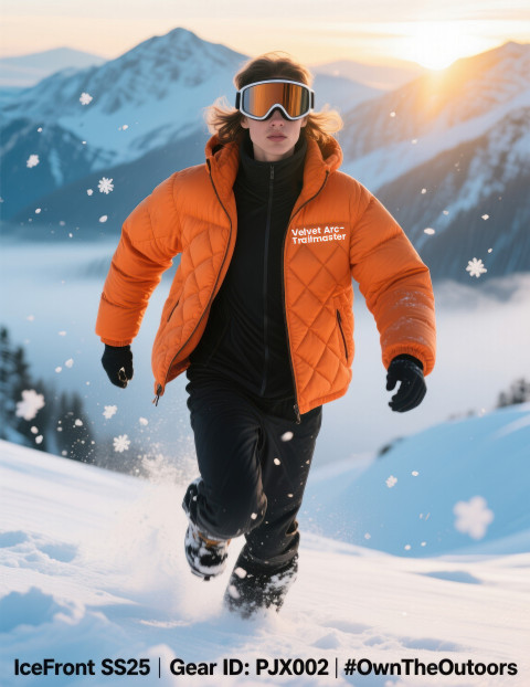 Model in orange puffer jacket and goggles walks on snowy mountain at sunrise Model in orange puffer jacket and goggles walks on snowy mountain at sunrise