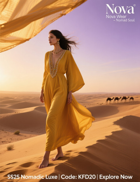 Woman in mustard kaftan walks barefoot on golden Jaisalmer dunes at sunset with camel silhouettes Woman in mustard kaftan walks barefoot on golden Jaisalmer dunes at sunset with camel silhouettes