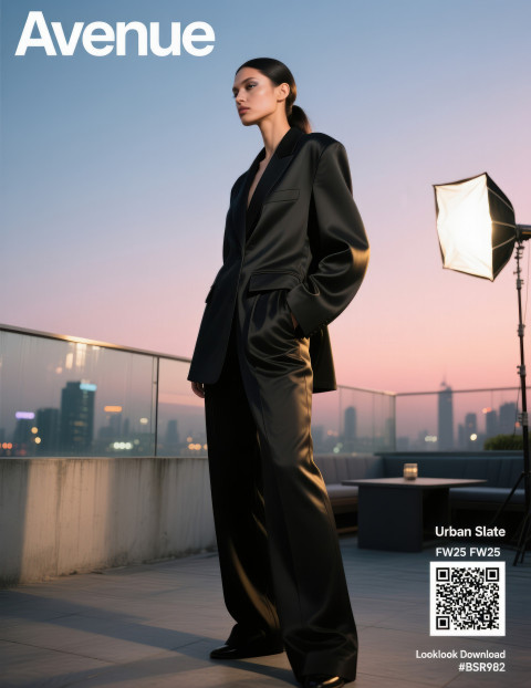 Woman in matte black blazer and trousers on rooftop lounge at twilight golden hour Woman in matte black blazer and trousers on rooftop lounge at twilight golden hour