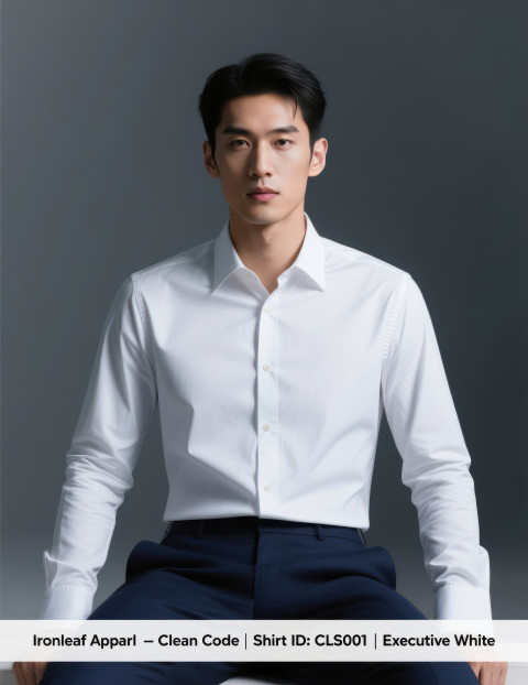 Male model in slim fit white shirt and navy trousers seated in studio with soft lighting Male model in slim fit white shirt and navy trousers seated in studio with soft lighting