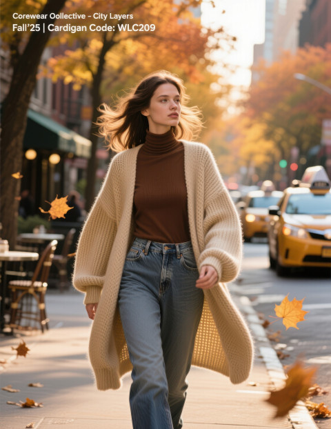 Woman in beige wool cardigan Woman in beige wool cardigan