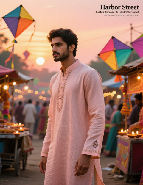 Man in pastel peach linen kurta standing at festive mela at sunset with glowing lights Man in pastel peach linen kurta standing at festive mela at sunset with glowing lights