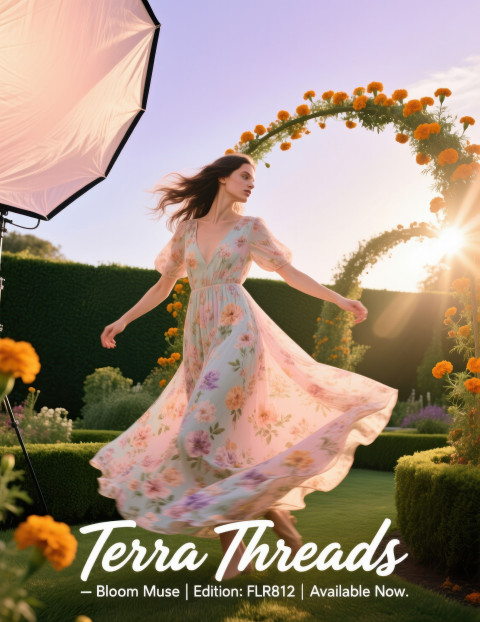 Woman in flowing floral maxi dress twirling at golden hour in garden with flowers and open sky Woman in flowing floral maxi dress twirling at golden hour in garden with flowers and open sky