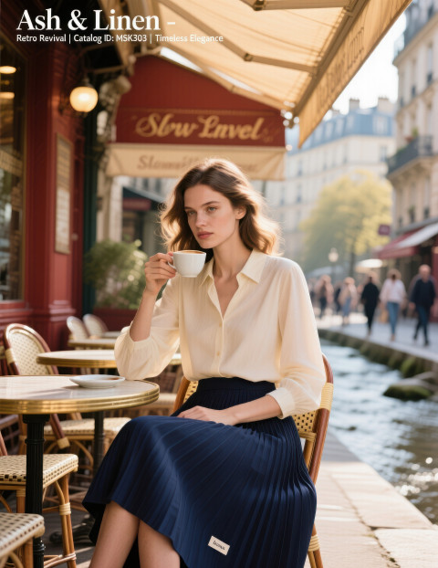 Elegant model in navy pleated skirt and cream blouse sitting at vintage café with coffee Elegant model in navy pleated skirt and cream blouse sitting at vintage café with coffee