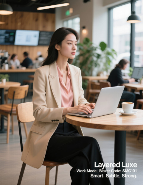 Woman in beige blazer with peach shirt and black pants works on laptop with coffee in stylish co-working café Woman in beige blazer with peach shirt and black pants works on laptop with coffee in stylish co-working café