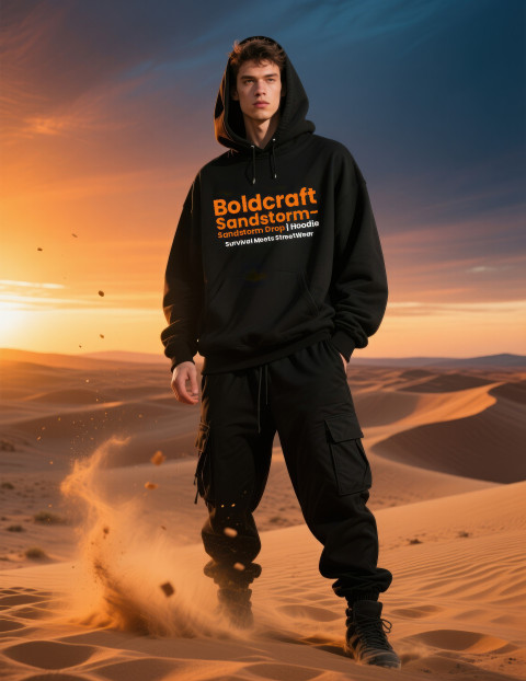 Man in black hoodie and cargo joggers stands on desert dune at sunset Man in black hoodie and cargo joggers stands on desert dune at sunset