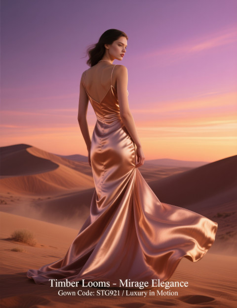 Woman in rose gold satin gown flowing in desert wind at twilight sand dunes glowing sky luxury couture motion clothing brands chat gpt prompts Woman in rose gold satin gown flowing in desert wind at twilight sand dunes glowing sky luxury couture motion clothing brands chat gpt prompts