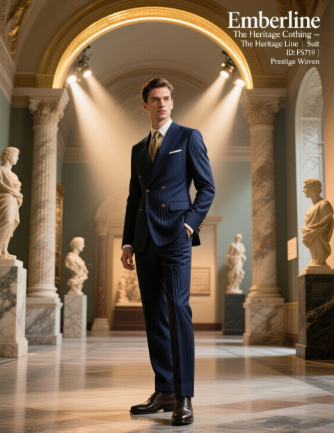 Male model in navy three piece suit posing under grand museum arches with marble columns Male model in navy three piece suit posing under grand museum arches with marble columns