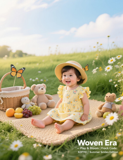 Little girl in yellow floral frock with sunhat sits on picnic mat with toys and fruits on green grass under morning sky Little girl in yellow floral frock with sunhat sits on picnic mat with toys and fruits on green grass under morning sky