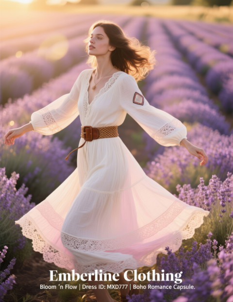 Female model twirling in flowing bohemian maxi dress with lace and bell sleeves in lavender field at sunset Female model twirling in flowing bohemian maxi dress with lace and bell sleeves in lavender field at sunset