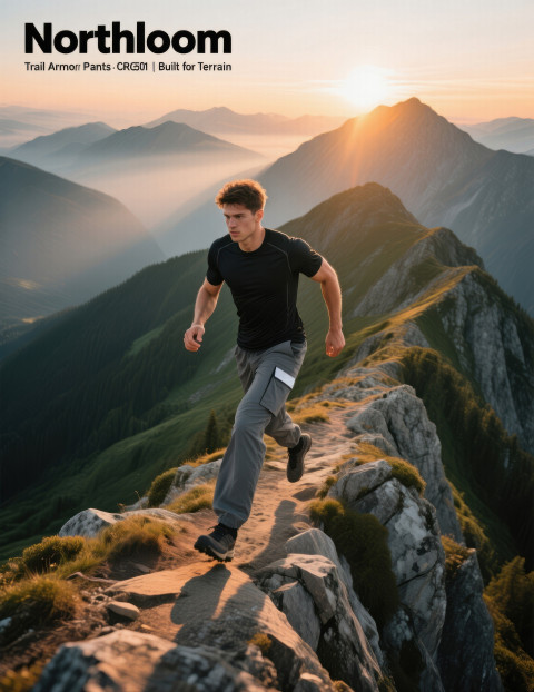 Man hiking sharp ridge in grey cargo pants and black tee at golden hour Man hiking sharp ridge in grey cargo pants and black tee at golden hour
