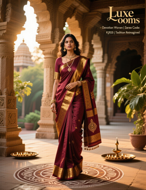 South Indian woman in maroon and gold saree stands in ancient temple courtyard at sunset South Indian woman in maroon and gold saree stands in ancient temple courtyard at sunset