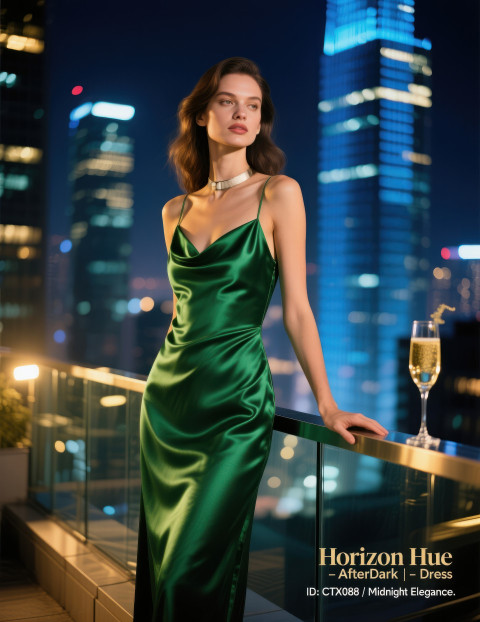 Woman in emerald satin dress on rooftop at night with city lights behind Woman in emerald satin dress on rooftop at night with city lights behind