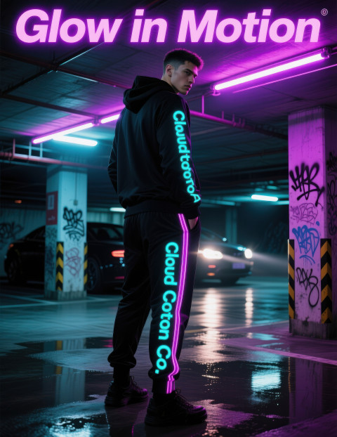 Male model in black tracksuit with neon stripes standing in underground parking garage with graffiti and neon lights Male model in black tracksuit with neon stripes standing in underground parking garage with graffiti and neon lights