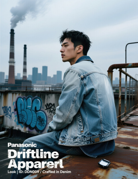 Young man in layered denim jacket and jeans sits on rusted rooftop with graffiti walls and smokestacks on cloudy day Young man in layered denim jacket and jeans sits on rusted rooftop with graffiti walls and smokestacks on cloudy day
