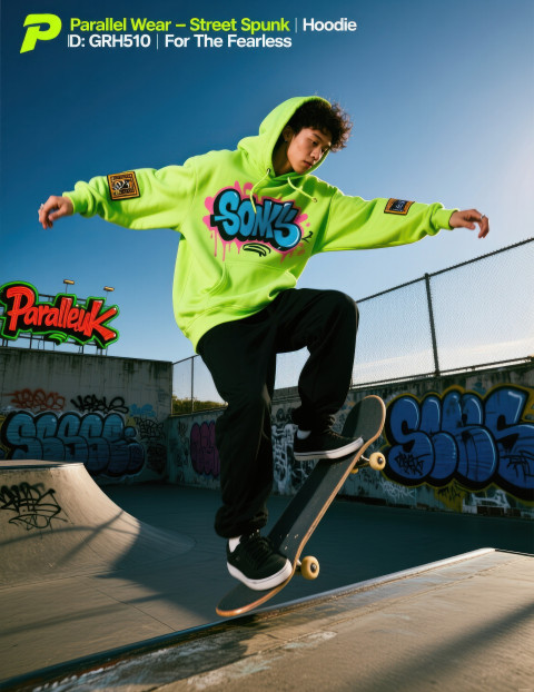 Young man in neon lime hoodie with graffiti prints jumping mid air on skateboard at gritty skatepark bold street style clothing brands chat gpt prompts Young man in neon lime hoodie with graffiti prints jumping mid air on skateboard at gritty skatepark bold street style clothing brands chat gpt prompts