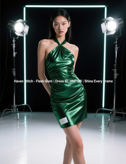 Female model in emerald metallic mini dress posing in dark photo studio with neon edge lights Female model in emerald metallic mini dress posing in dark photo studio with neon edge lights