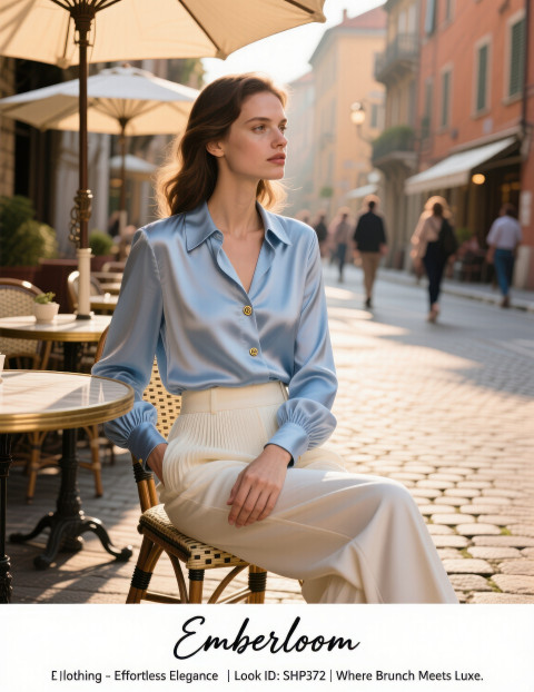 Female model in blue silk shirt and ivory trousers at European café patio Female model in blue silk shirt and ivory trousers at European café patio
