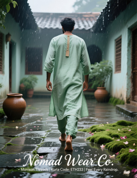 Male model in pastel green kurta pajama walking barefoot in rainy courtyard Male model in pastel green kurta pajama walking barefoot in rainy courtyard