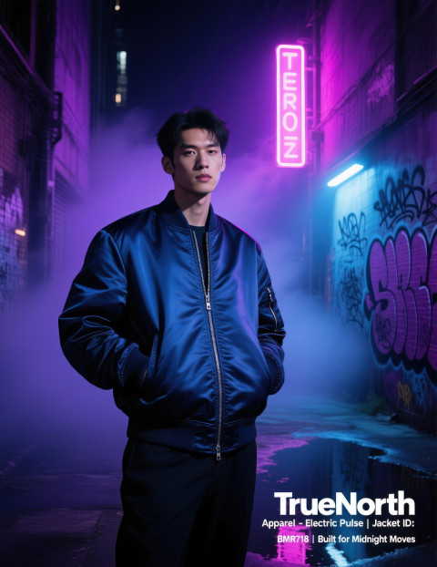 Male model in metallic navy bomber jacket standing in neon alley at night Male model in metallic navy bomber jacket standing in neon alley at night