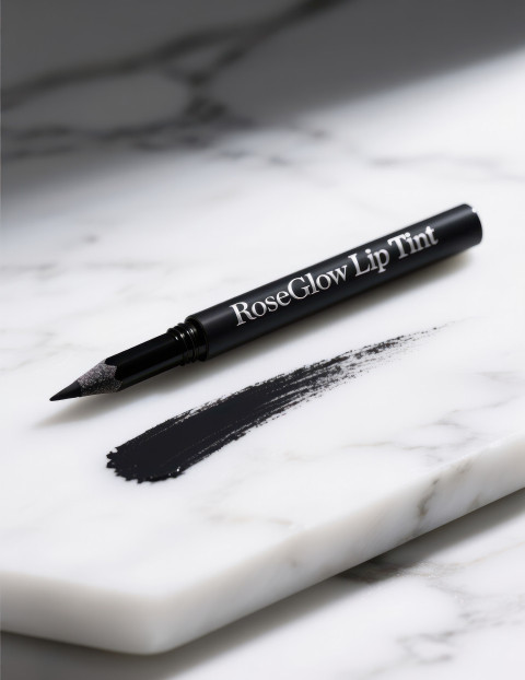 Black eyeliner pencil with sharp tip beside smooth curved stroke on marble slab Black eyeliner pencil with sharp tip beside smooth curved stroke on marble slab