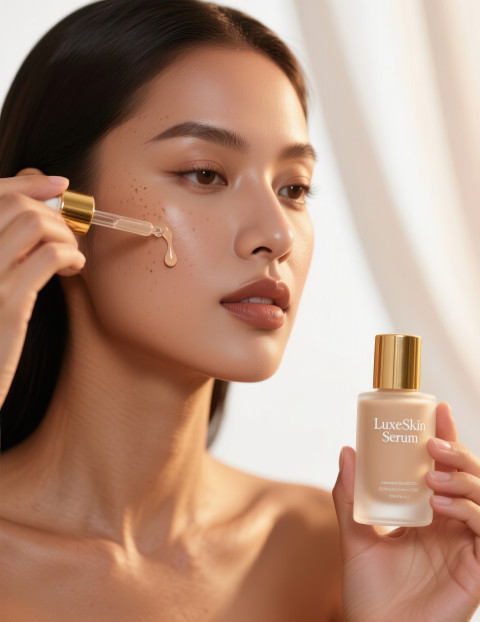Woman applying liquid foundation with dropper to cheek Woman applying liquid foundation with dropper to cheek