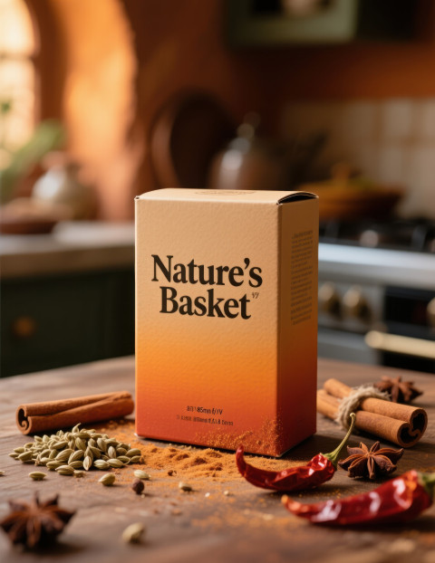 Rectangular spice box with warm earthy tones surrounded by cinnamon Rectangular spice box with warm earthy tones surrounded by cinnamon