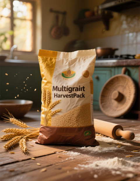 Multigrain flour bag on wooden floor with wheat ears Multigrain flour bag on wooden floor with wheat ears