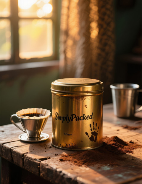 Classic brass filter coffee tin on wooden table with steel tumbler Classic brass filter coffee tin on wooden table with steel tumbler