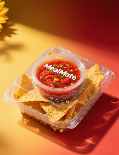 Transparent pack of nachos with salsa tub Transparent pack of nachos with salsa tub