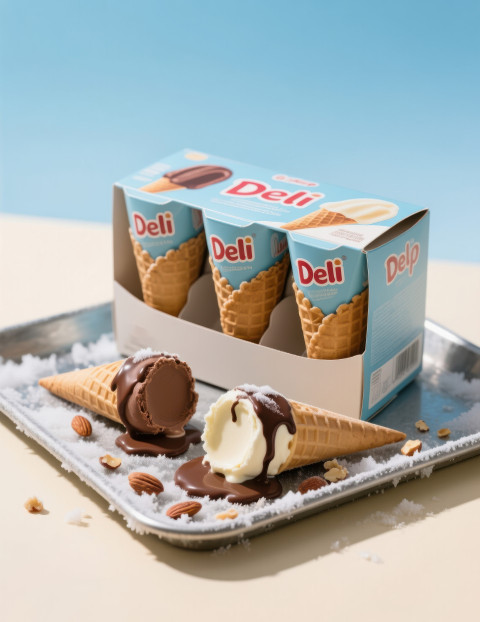 Box of six ice cream cones on chilled tray with melting cone Box of six ice cream cones on chilled tray with melting cone