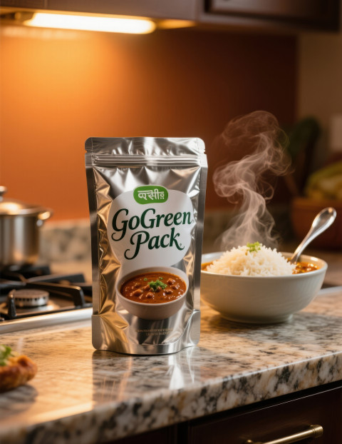Standing metallic food pouch on granite counter with rajma steam Standing metallic food pouch on granite counter with rajma steam