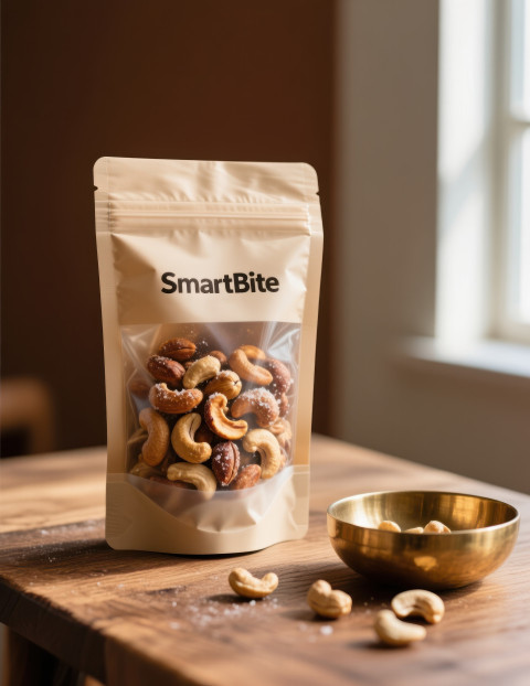 Upright pouch of roasted salted cashews on wooden table with brass bowl of nuts Upright pouch of roasted salted cashews on wooden table with brass bowl of nuts